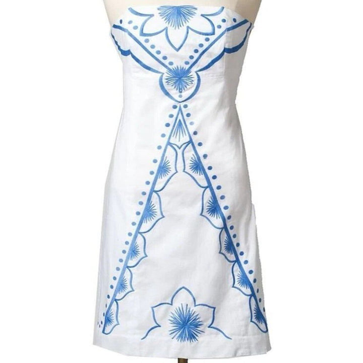 Lilly Pulitzer Bowen Classic White Blue Embroidered Strapless Dress - Size14