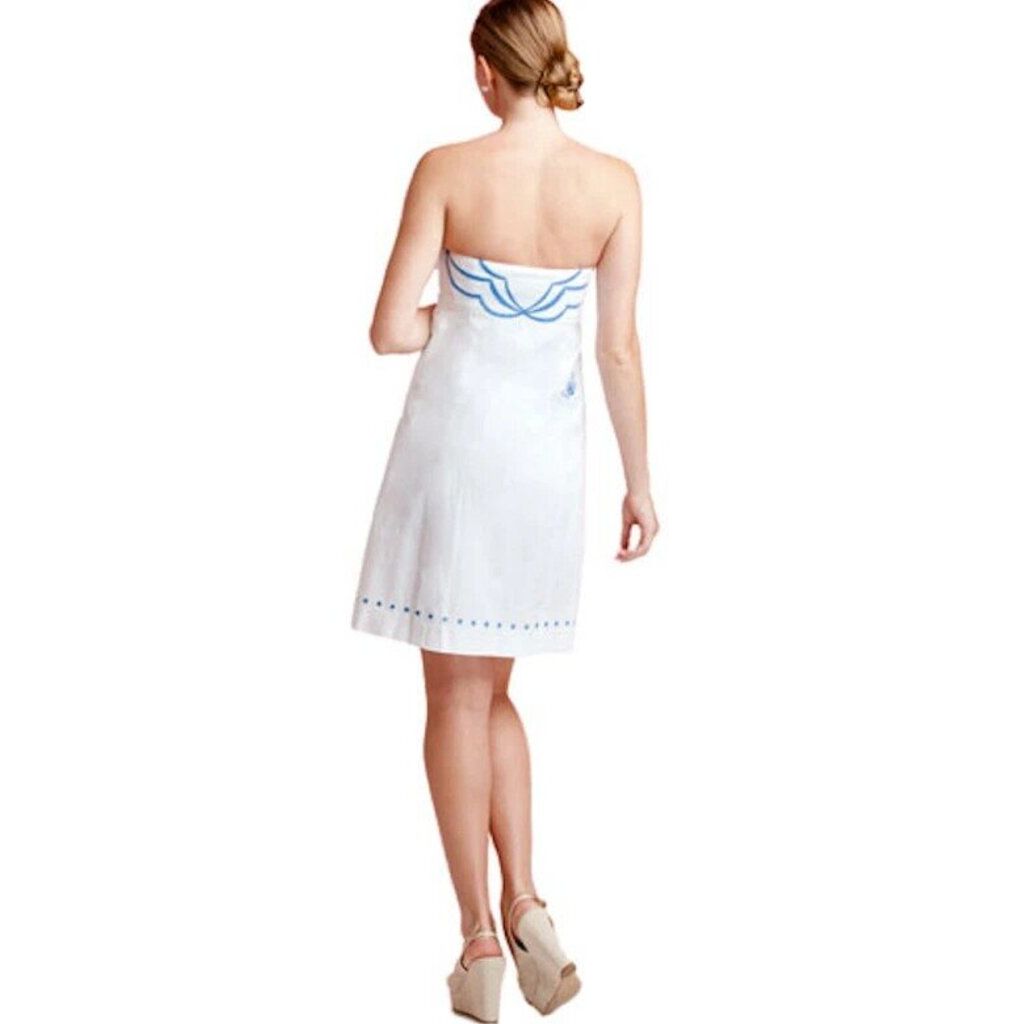 Lilly Pulitzer Bowen Classic White Blue Embroidered Strapless Dress - Size14