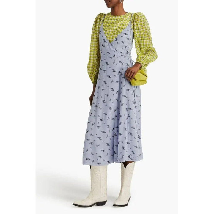 Ganni Floral-Print Georgette Wrap Midi Dress - Size 38