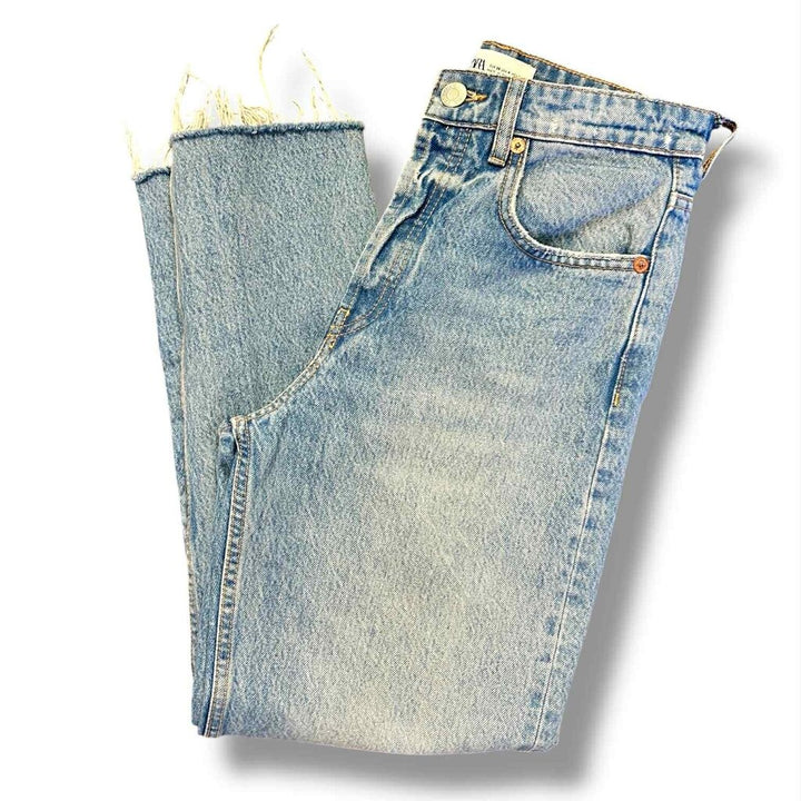 Zara High-Waisted Distressed Hem Jean - Size 4