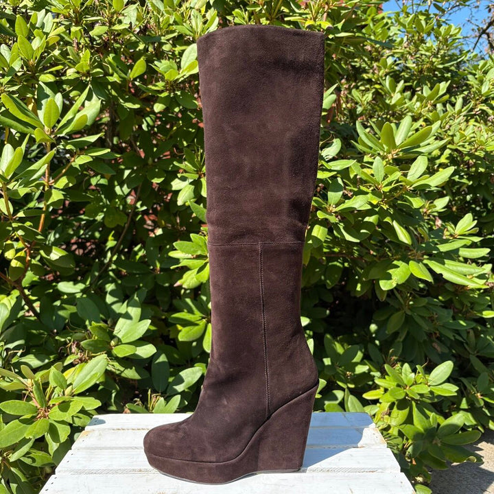 Stuart Weitzman Molten Wedge Boots in Cola Suede - Size 6.5