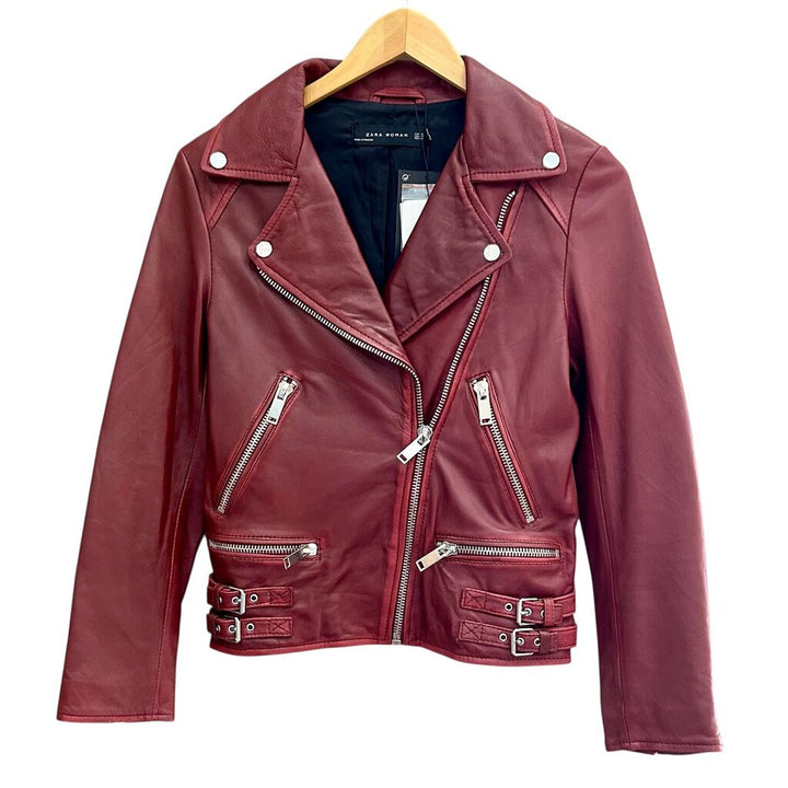 Zara NWT Cropped Sheep Leather Moto-Front Burgundy Jacket - Size XS