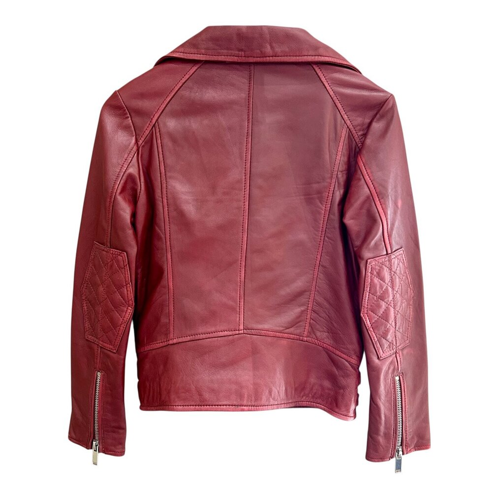 Zara NWT Cropped Sheep Leather Moto-Front Burgundy Jacket - Size XS