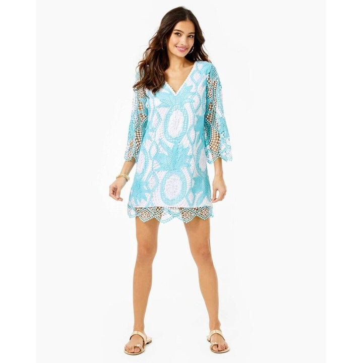 The Lilly Pulitzer Lottie Romper in Blue Ibiza Juice Stand Crochet - Size 00
