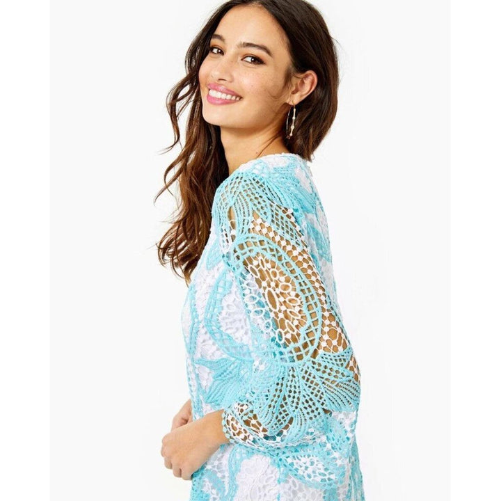 The Lilly Pulitzer Lottie Romper in Blue Ibiza Juice Stand Crochet - Size 00