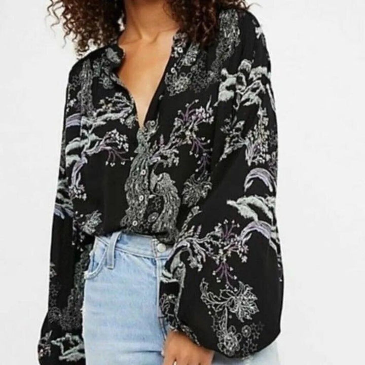 Free People Metallic Blooms Peacock Tunic Blouse - Size XS