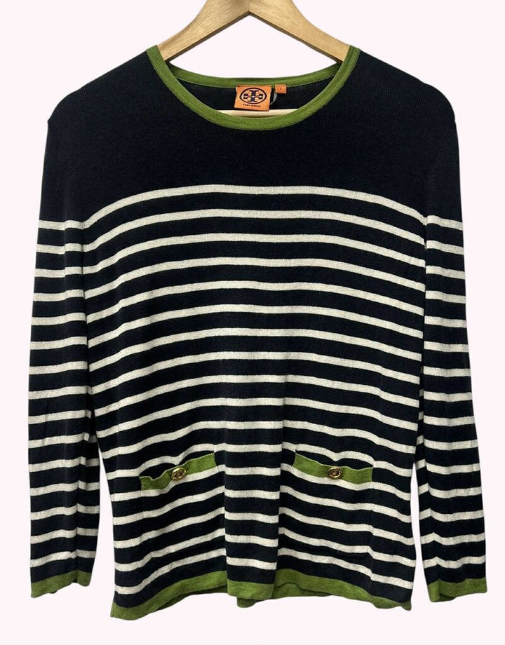 Tory Burch Striped Silk and Cashmere Sweater - Size Large