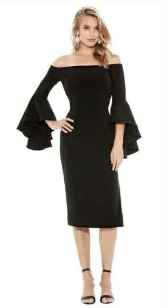 Milly Selena Black Off Shoulder Ruffle Flare Bell Sleeve Slit Midi Dress - Size XS