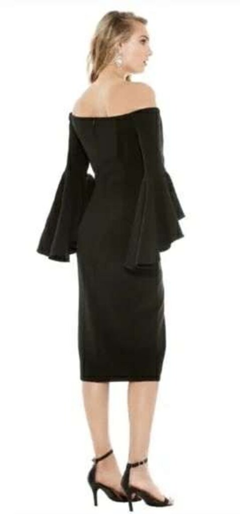 Milly Selena Black Off Shoulder Ruffle Flare Bell Sleeve Slit Midi Dress - Size XS