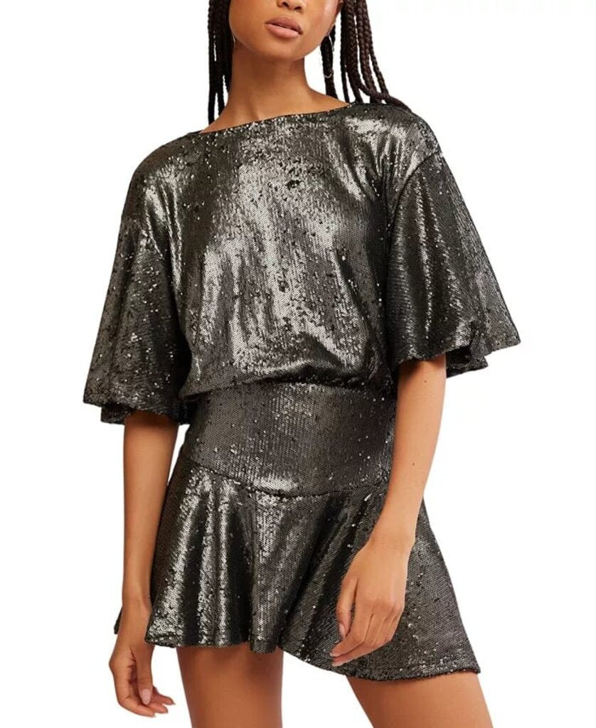 Free People Manuka Sequin Mini Dress in Black - Size Small