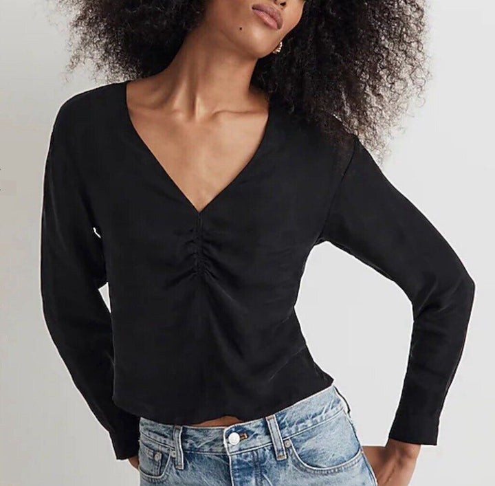 Madewell NWT Black Brushed Ruched-Front Longsleeve Blouse - Size 6