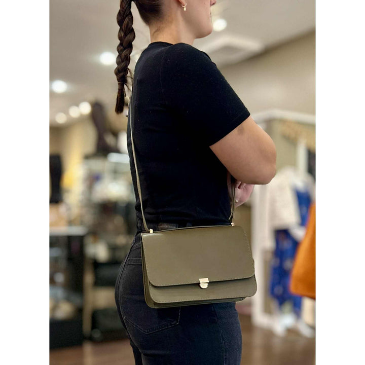 Massimo Dutti Rectangular Leather Crossbody Bag In Khaki