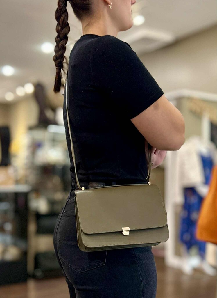 Massimo Dutti Rectangular Leather Crossbody Bag In Khaki