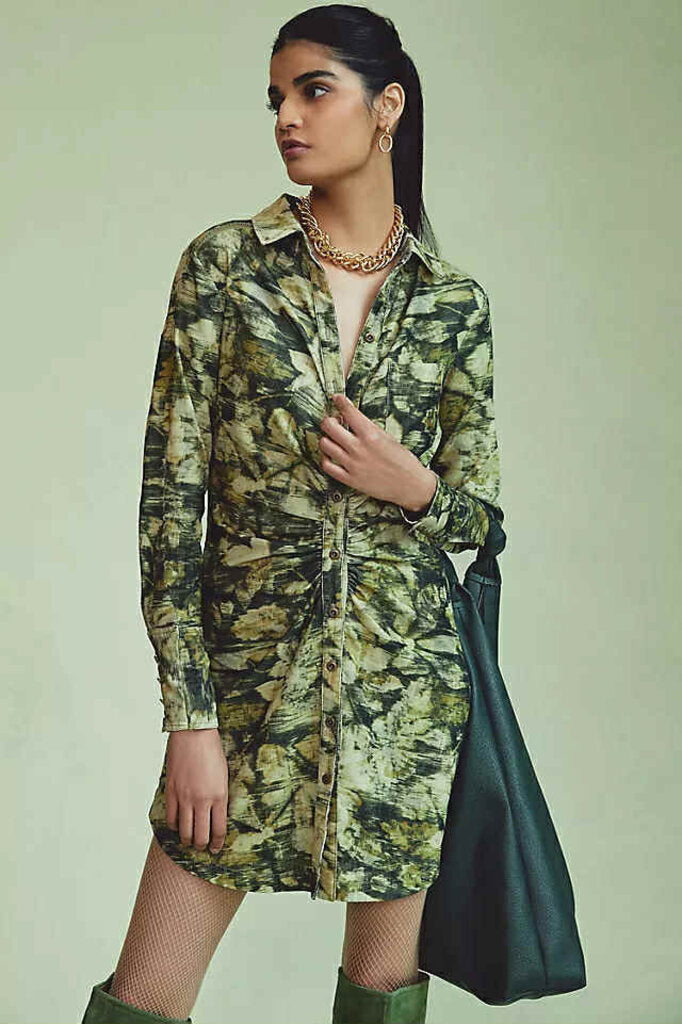 Anthropologie Mini Patterned Dress In Green - Size Small