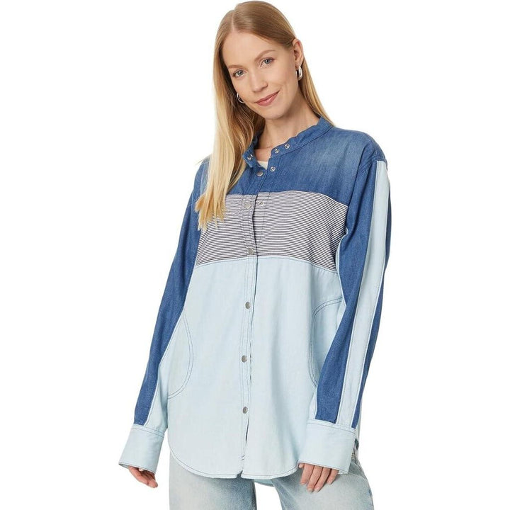 Free People Women's Moto Color Block Shirt - Size Small (Retails $138)