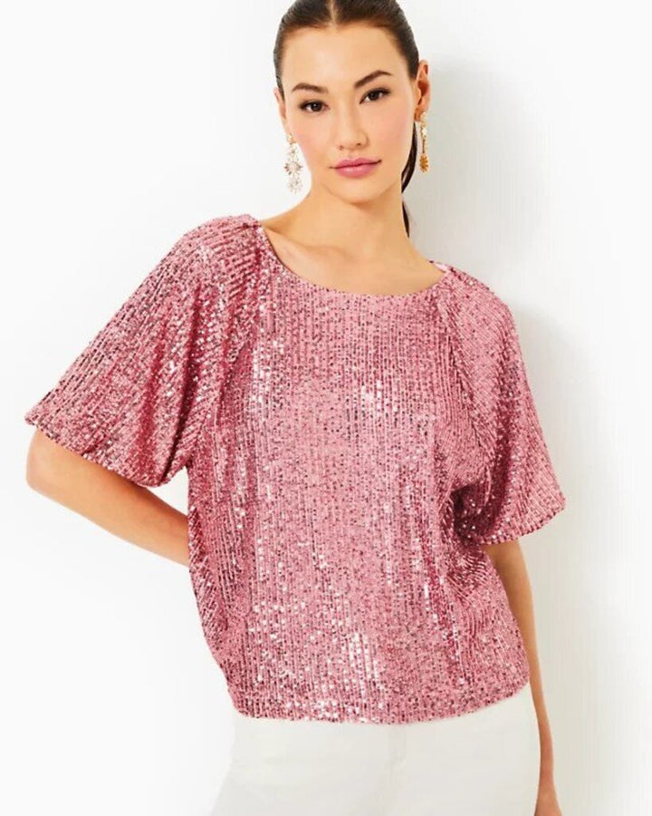 Lilly Pulitzer NWT Cressida Top in Conch Shell Pink Treasure Box Sequin Knit - Size Small (Retails for $158)