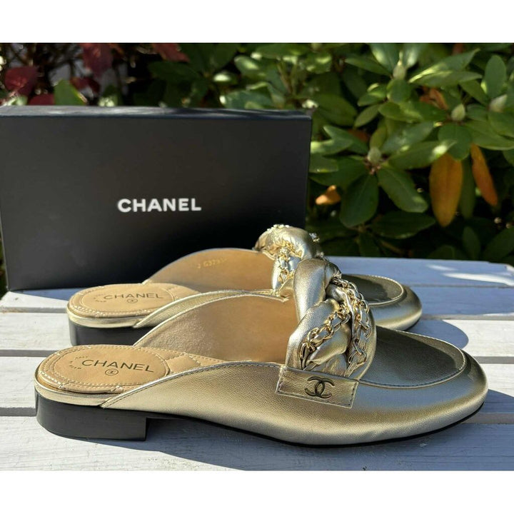 Chanel Metallic Gold Leather Braided Chain Mule - Size 38