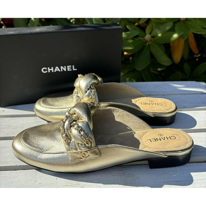 Chanel Metallic Gold Leather Braided Chain Mule - Size 38