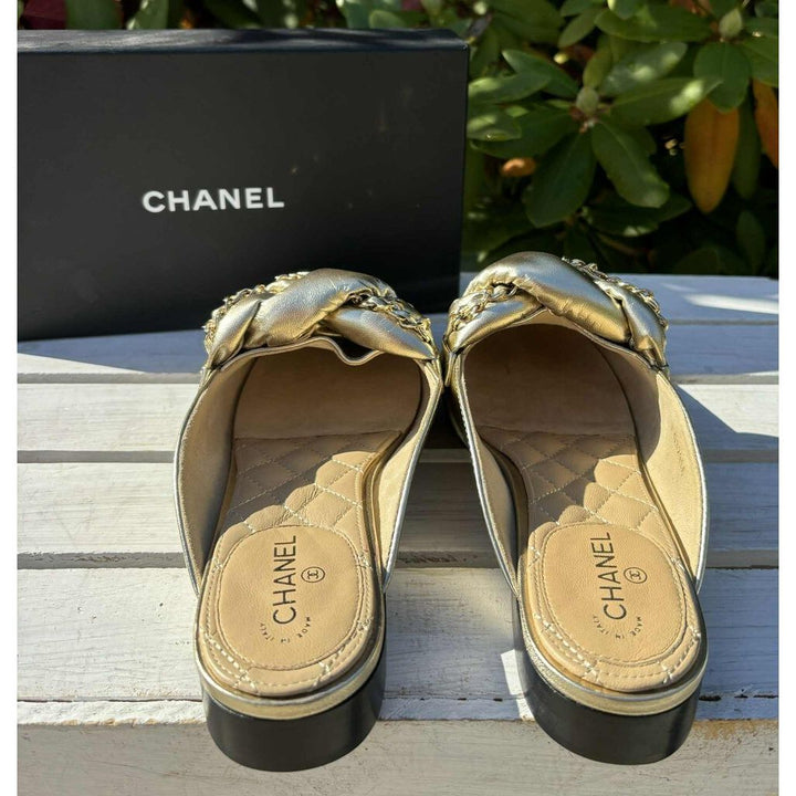 Chanel Metallic Gold Leather Braided Chain Mule - Size 38