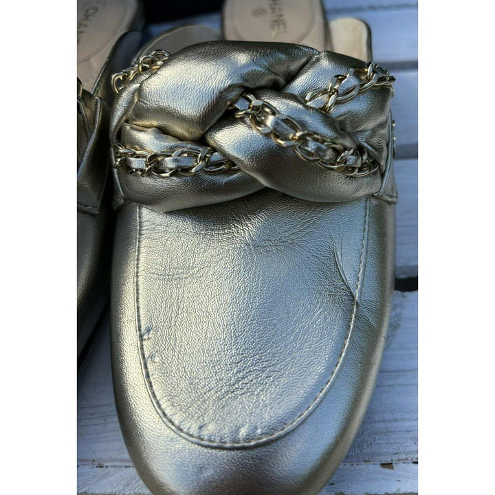 Chanel Metallic Gold Leather Braided Chain Mule - Size 38