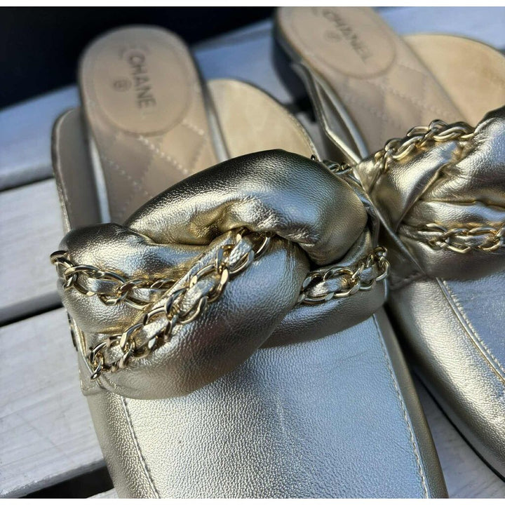 Chanel Metallic Gold Leather Braided Chain Mule - Size 38