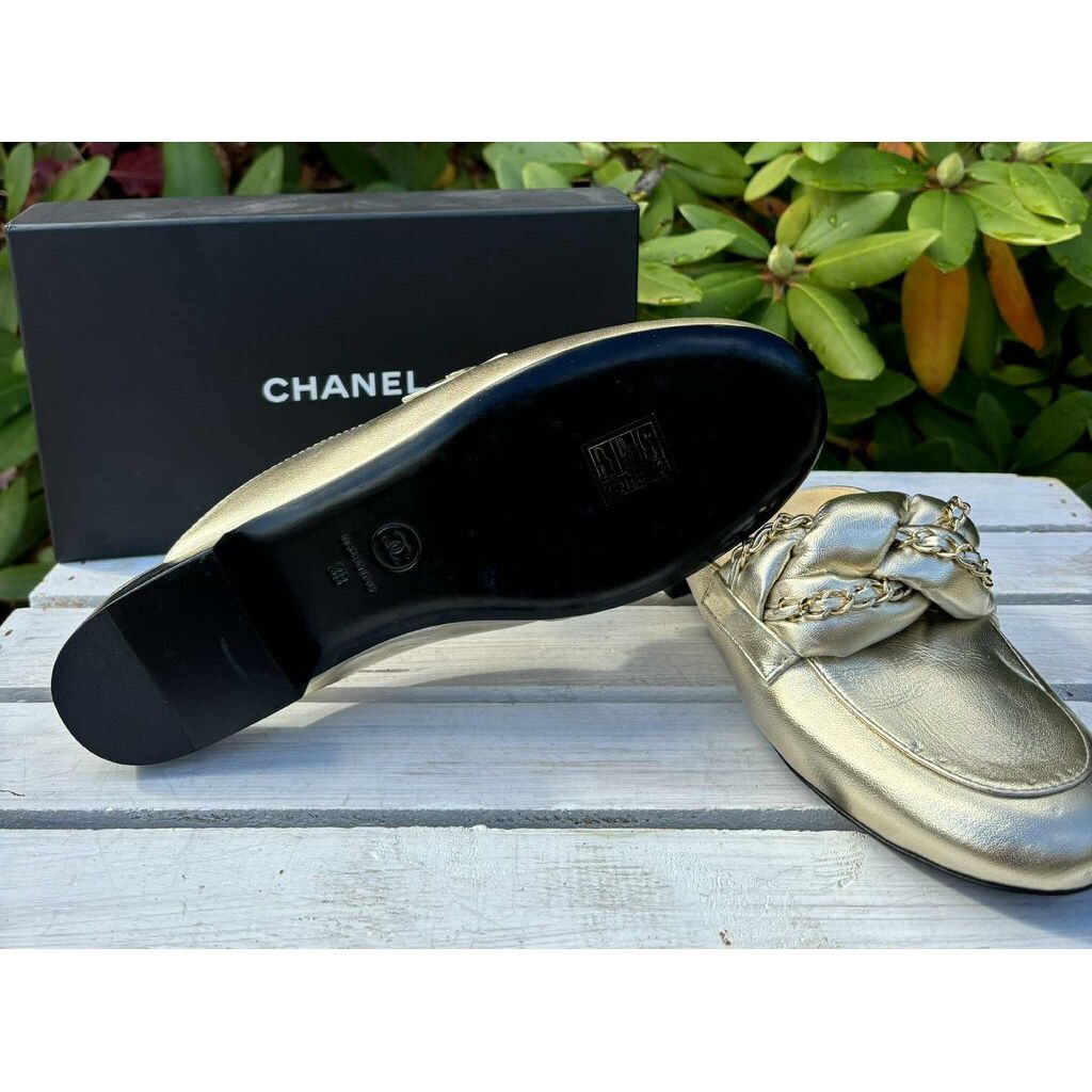 Chanel Metallic Gold Leather Braided Chain Mule - Size 38