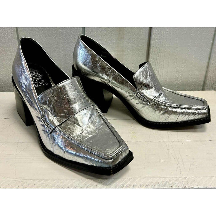 Vince Camuto Segellis Stacked Heel Loafers in Silver Metallic Leather - Size 7.5