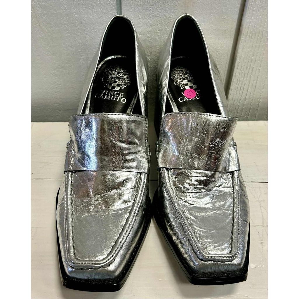 Vince Camuto Segellis Stacked Heel Loafers in Silver Metallic Leather - Size 7.5