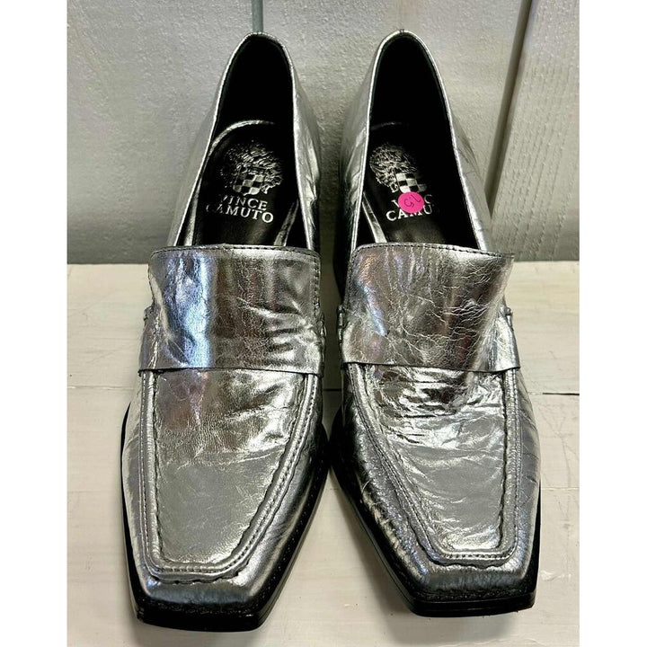 Vince Camuto Segellis Stacked Heel Loafers in Silver Metallic Leather - Size 7.5