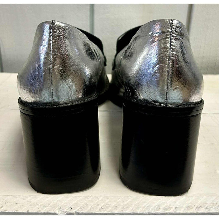 Vince Camuto Segellis Stacked Heel Loafers in Silver Metallic Leather - Size 7.5