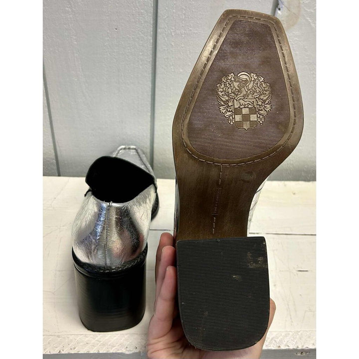 Vince Camuto Segellis Stacked Heel Loafers in Silver Metallic Leather - Size 7.5