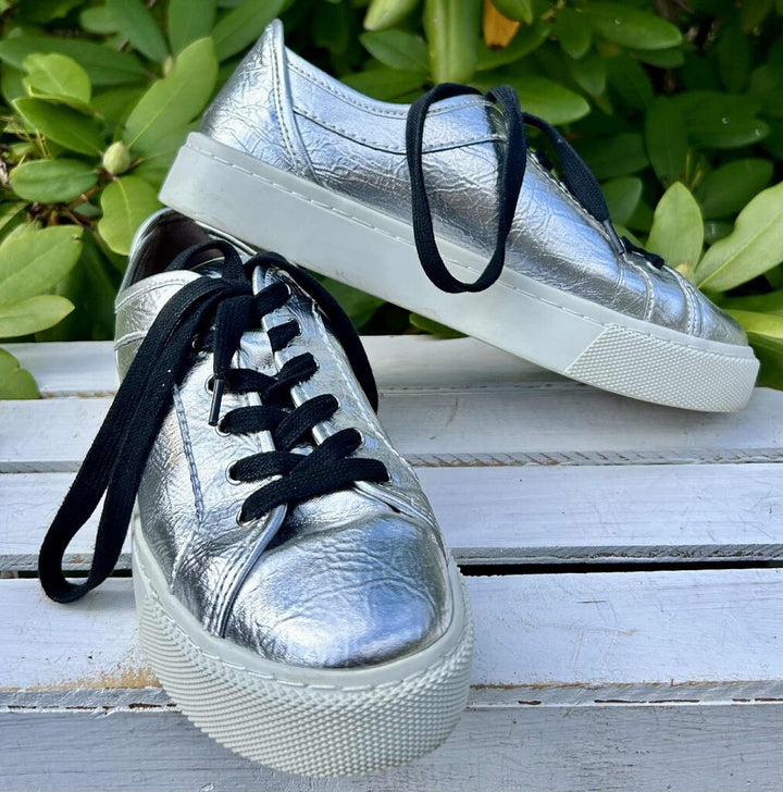 AllSaints Gina Metallic Sneaker in Silver Leather - Size 39