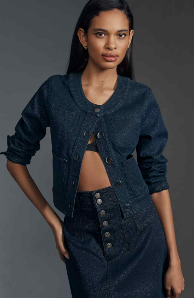 The Cora Patch Pocket Jacket by Maeve in Sparkle Denim - Size XS