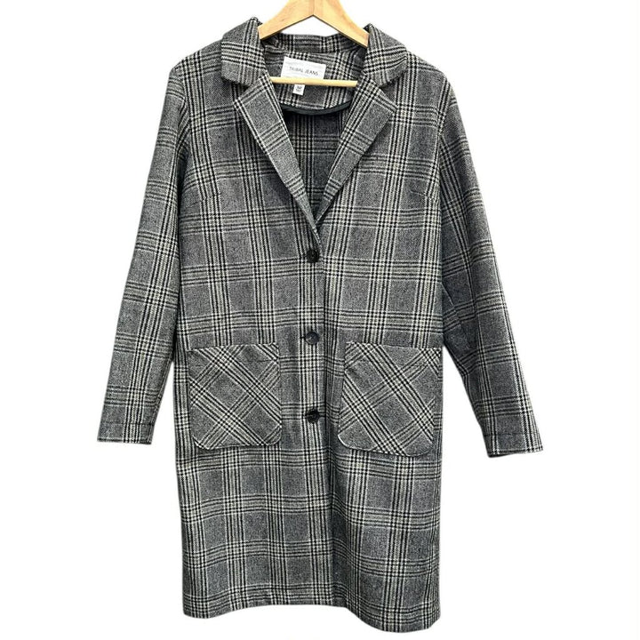 Tribal Double Knit Long Plaid Coatigan in Charcoal - Size Small