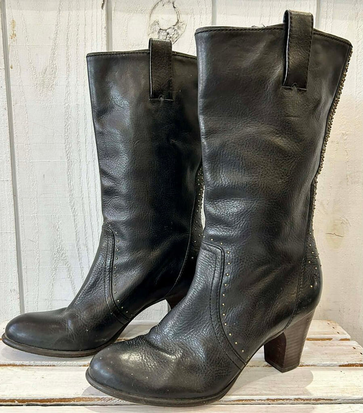 Frye Black Leather Fiona Studded Midi-Boots - Size 8