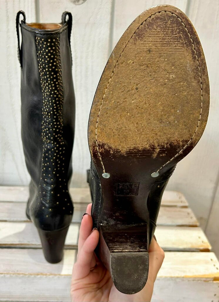 Frye Black Leather Fiona Studded Midi-Boots - Size 8