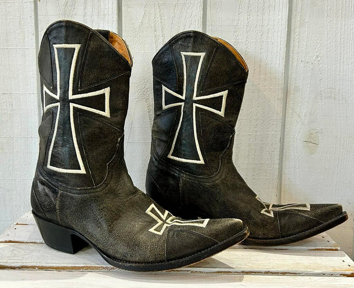 Old Gringo Black Leather Cowboy Boots W/ White Cross-Inlay - Size 7