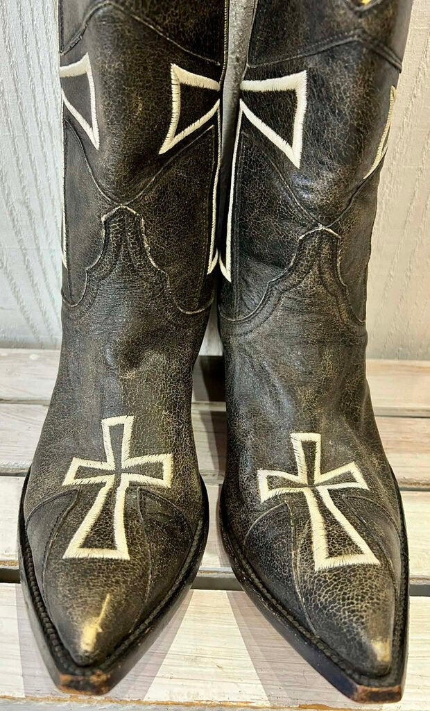 Old Gringo Black Leather Cowboy Boots W/ White Cross-Inlay - Size 7