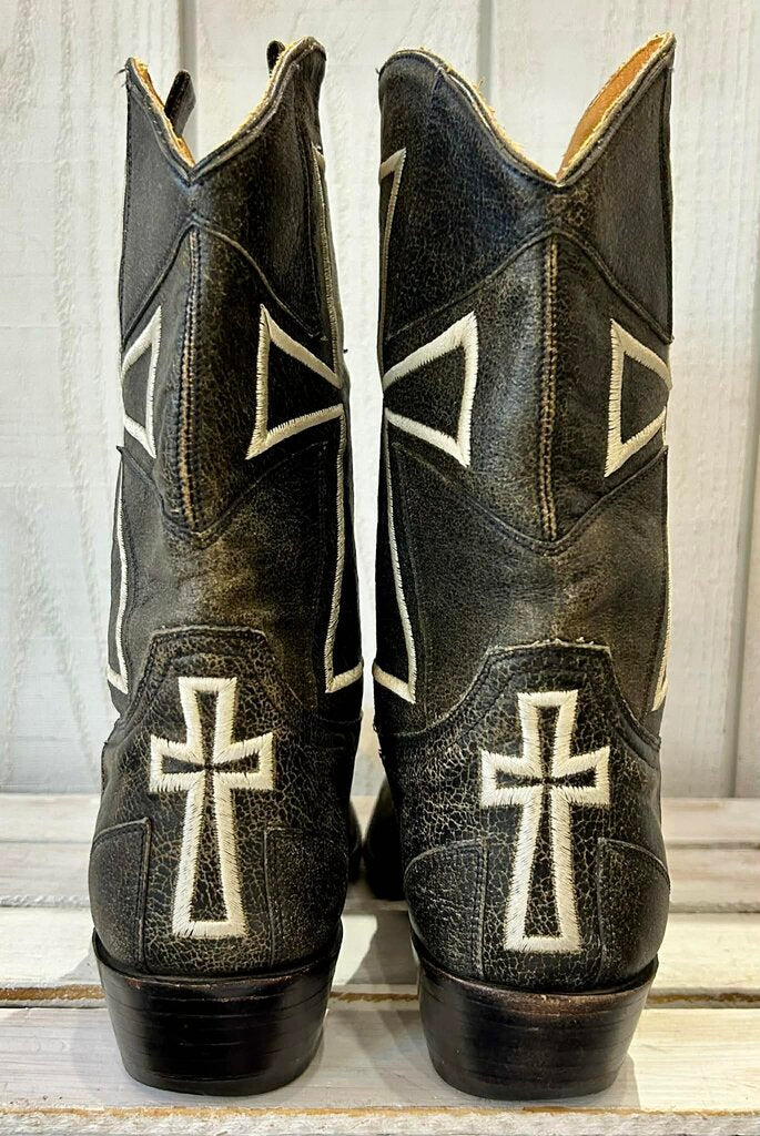 Old Gringo Black Leather Cowboy Boots W/ White Cross-Inlay - Size 7