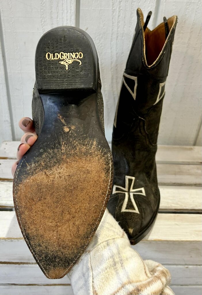 Old Gringo Black Leather Cowboy Boots W/ White Cross-Inlay - Size 7