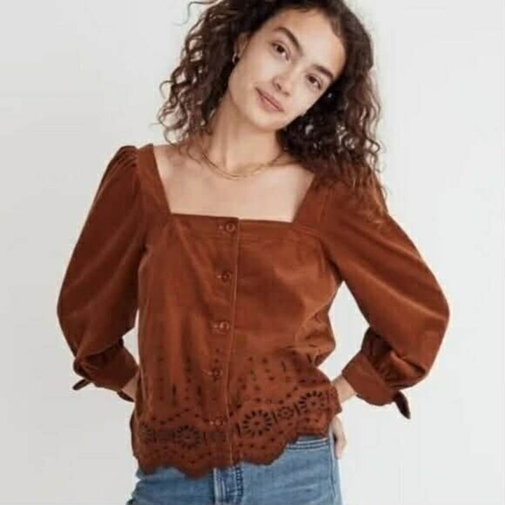 Madewell Embroidered Eyelet Corduroy Tie-Sleeve Top - Size Medium