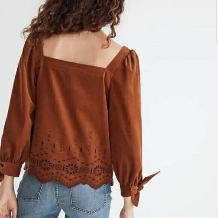 Madewell Embroidered Eyelet Corduroy Tie-Sleeve Top - Size Medium