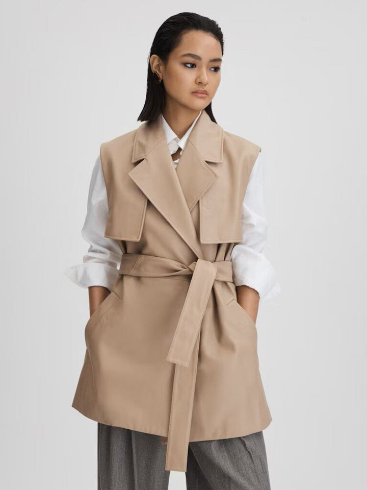 Reiss Everley Leather Double Breasted Gilet in Neutral - Size 6