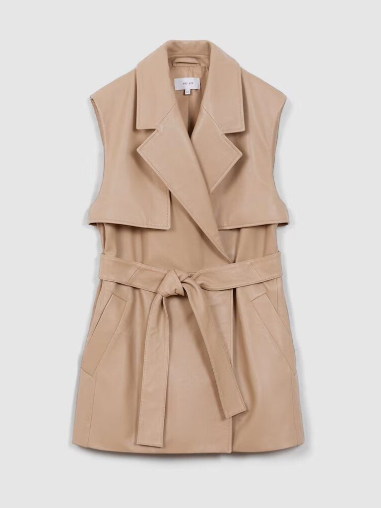 Reiss Everley Leather Double Breasted Gilet in Neutral - Size 6