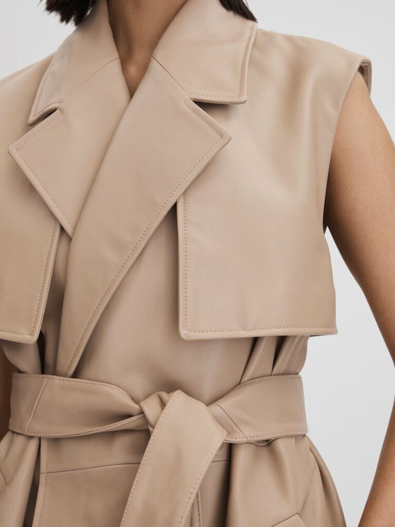 Reiss Everley Leather Double Breasted Gilet in Neutral - Size 6