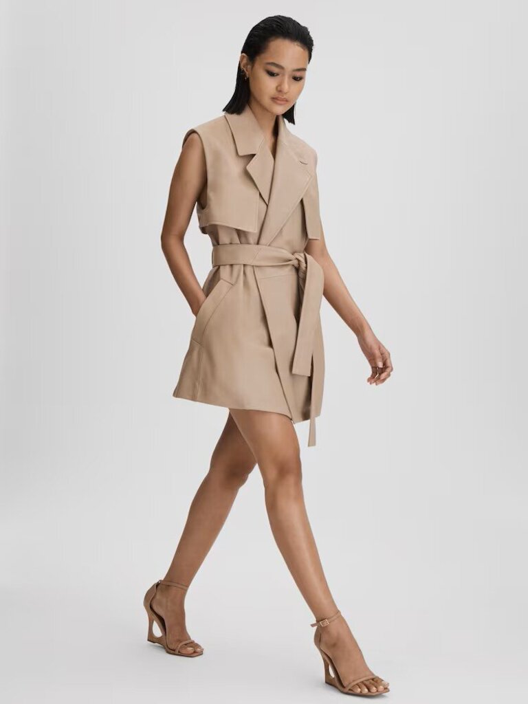 Reiss Everley Leather Double Breasted Gilet in Neutral - Size 6