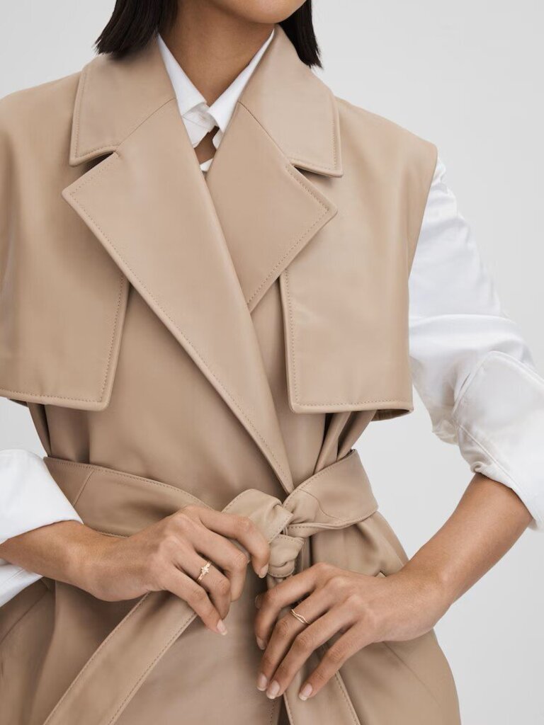 Reiss Everley Leather Double Breasted Gilet in Neutral - Size 6