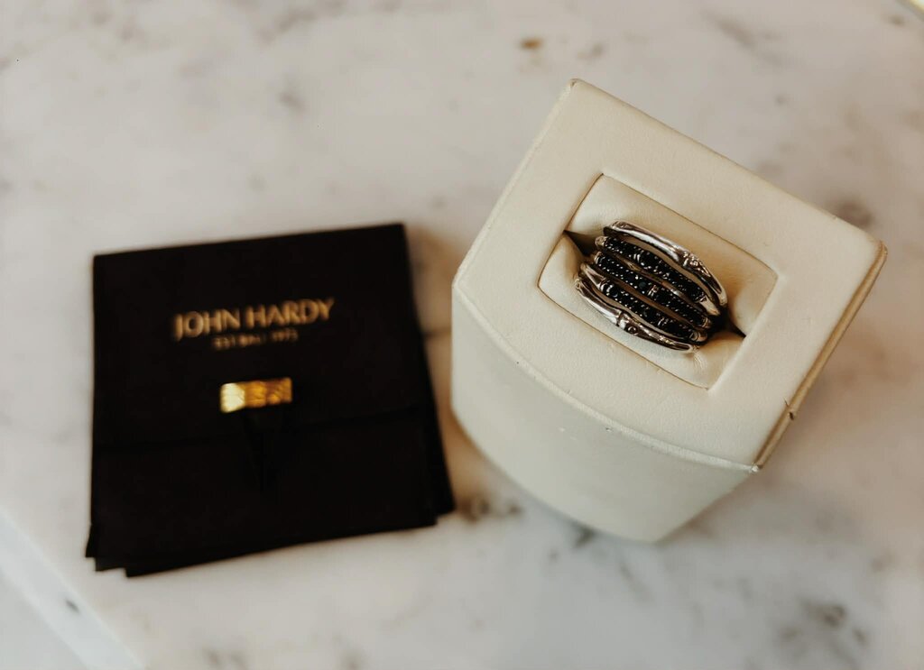 John Hardy Bamboo Sterling Silver & Black Sapphire Ring - Size 7/7.5