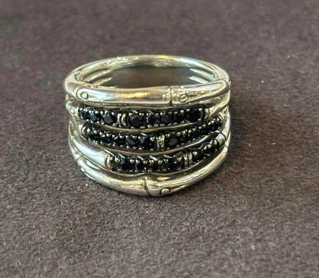 John Hardy Bamboo Sterling Silver & Black Sapphire Ring - Size 7/7.5