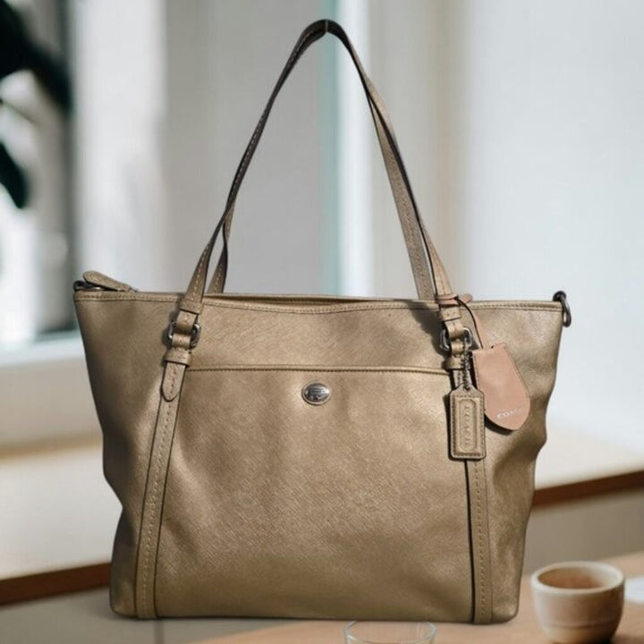 Coach Peyton Saffiano Leather Pocket Tote Shoulder Bag In Metallic Gold